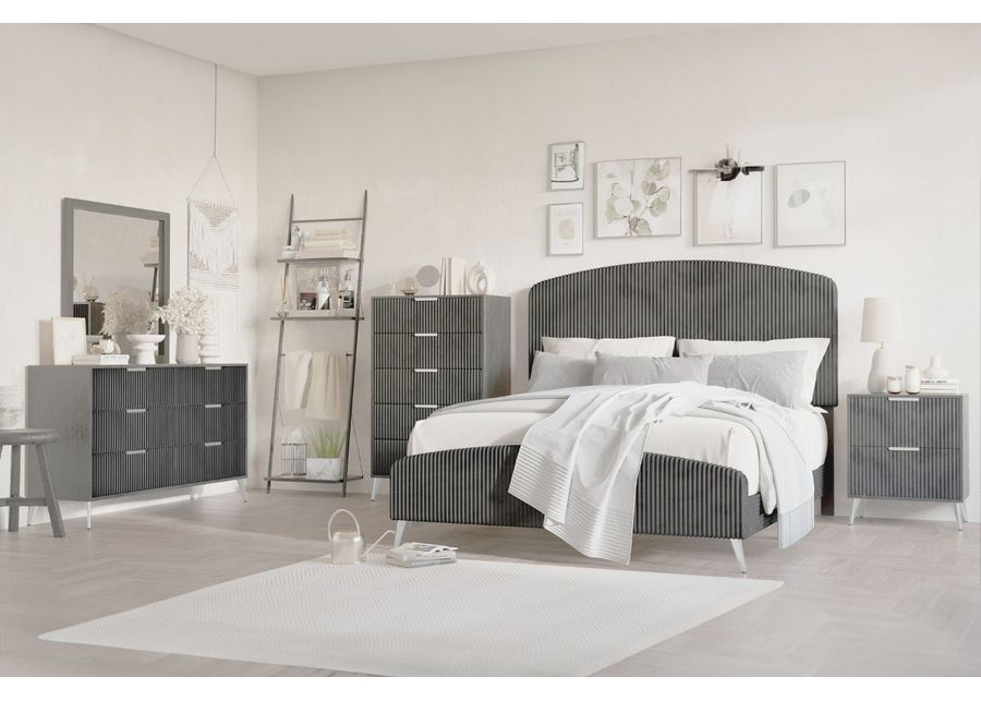 Kailani Upholstered Panel Bed, Dresser, Mirror & Nightstand in Gray, Queen