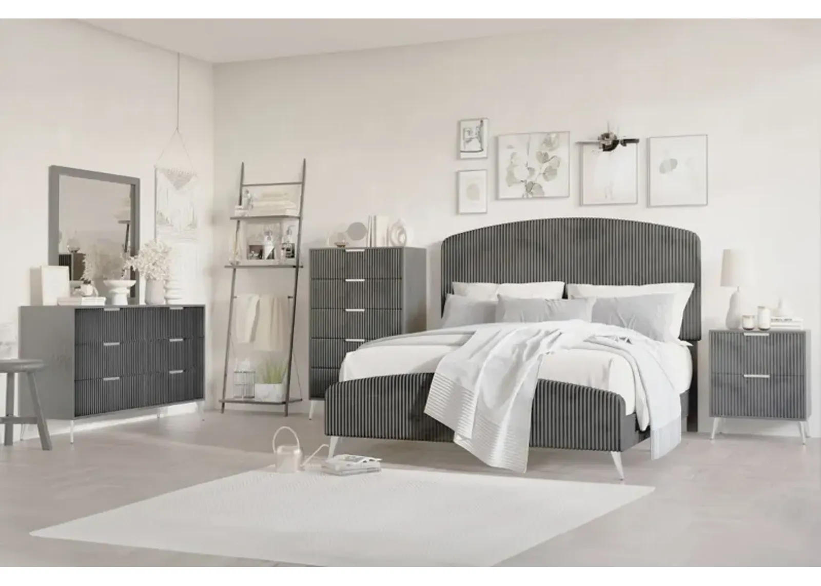 Kailani Upholstered Panel Bed, Dresser, Mirror & Nightstand in Gray, Queen