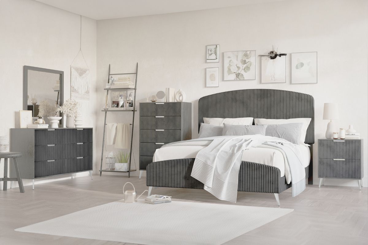 Kailani Upholstered Panel Bed, Dresser, Mirror & Nightstand in Gray, Queen