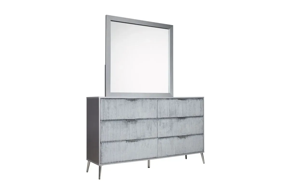 Kailani Upholstered Panel Bed, Dresser, Mirror & Nightstand in Gray, CA King