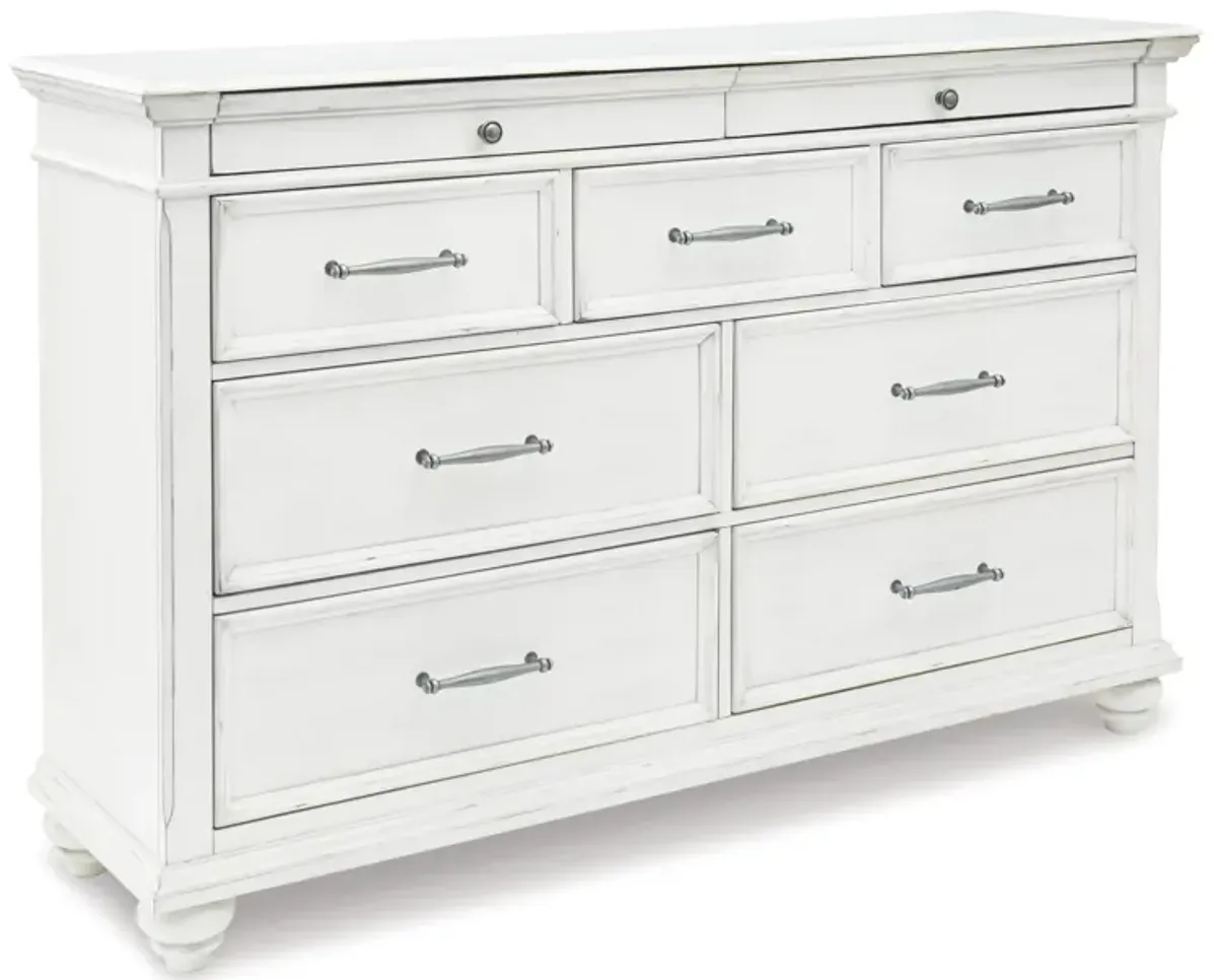 Kanwyn Panel Bed w/ Storage, Dresser, Mirror & Nightstand in White Wash, Eastern King