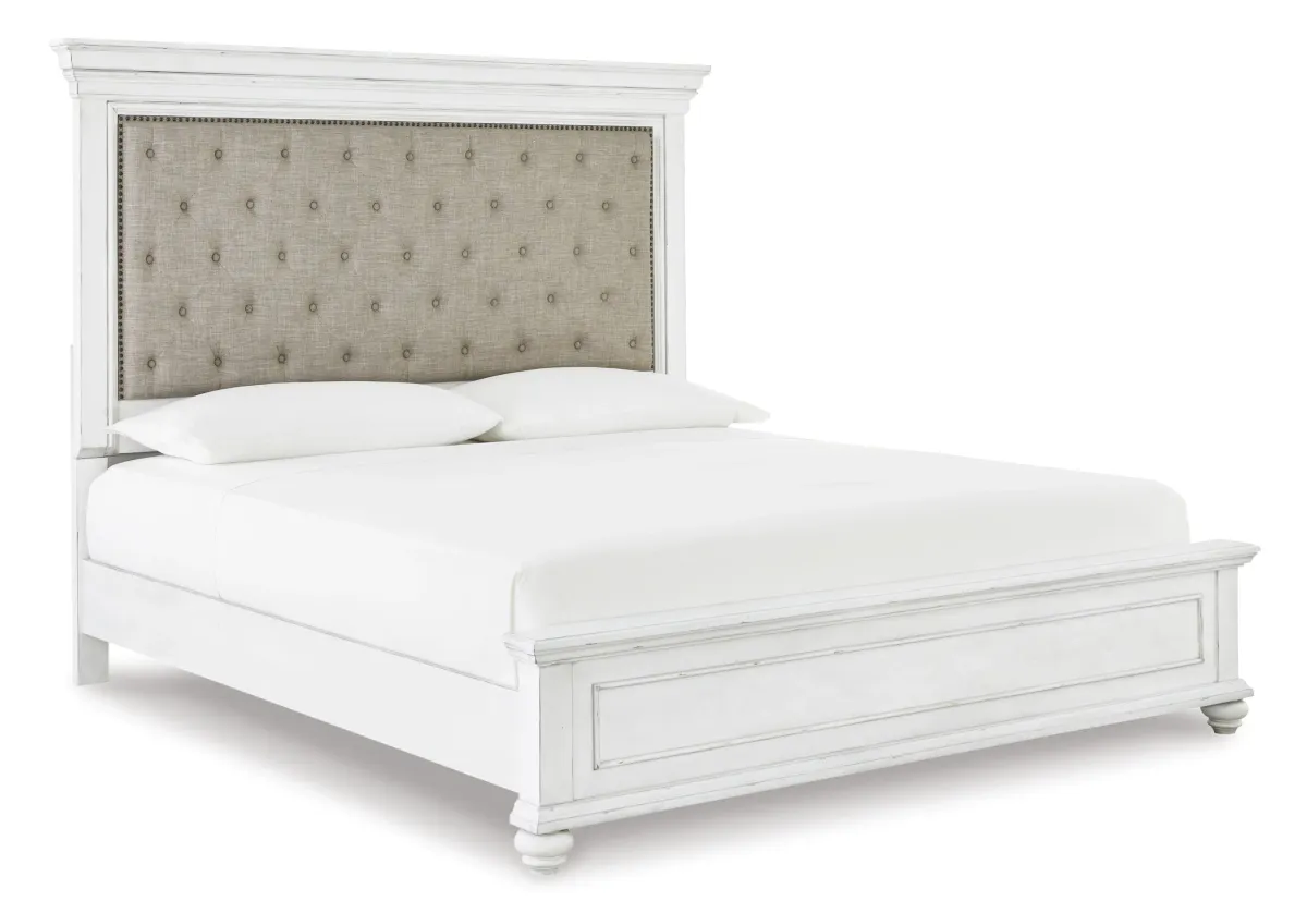 Kanwyn Upholstered Panel Bed, Dresser, Mirror & Nightstand in White Wash, Queen