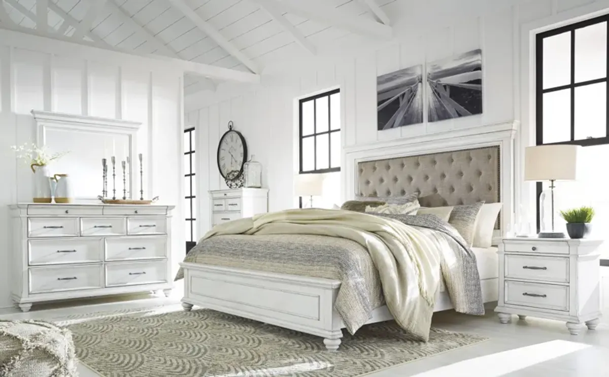 Kanwyn Upholstered Panel Bed, Dresser, Mirror & Nightstand in White Wash, Queen