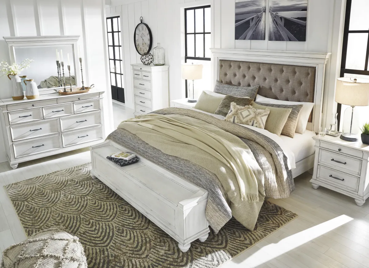 Kanwyn Upholstered Panel Bed w/ Storage, Dresser, Mirror & Nightstand in White Wash, Queen