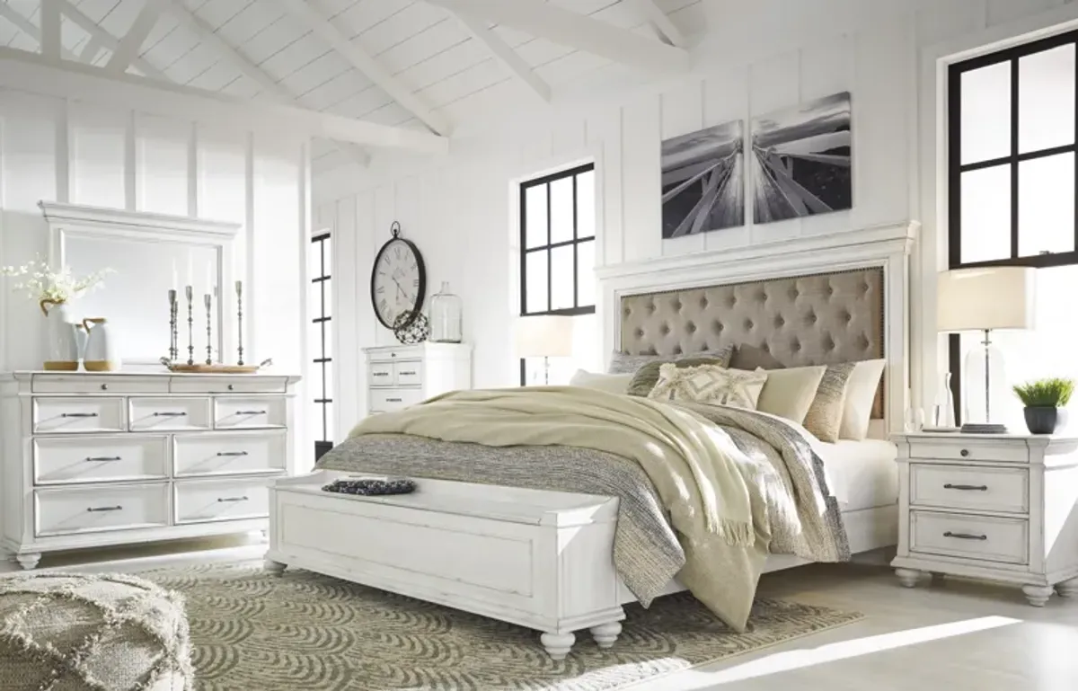 Kanwyn Upholstered Panel Bed w/ Storage, Dresser, Mirror & Nightstand in White Wash, Queen