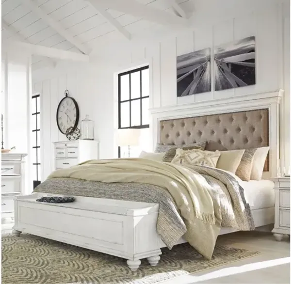Kanwyn Upholstered Panel Bed w/ Storage in White Wash, CA King