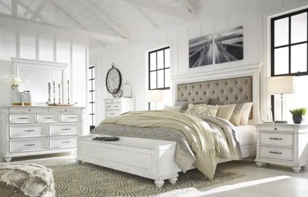 Kanwyn Upholstered Panel Bed w/ Storage, Dresser, Mirror & Nightstand in White Wash, CA King
