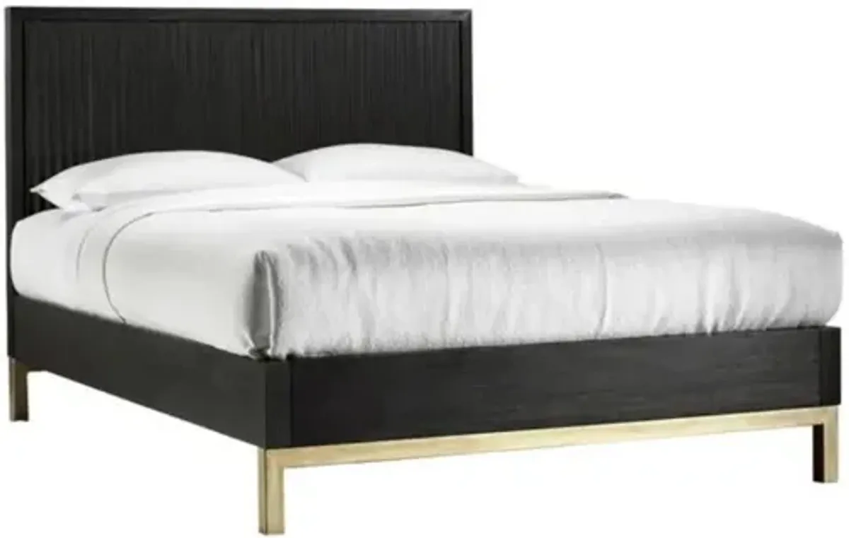 Kentfield Platform Bed, Dresser, Mirror & Nightstand in Black Drifted Oak, Queen