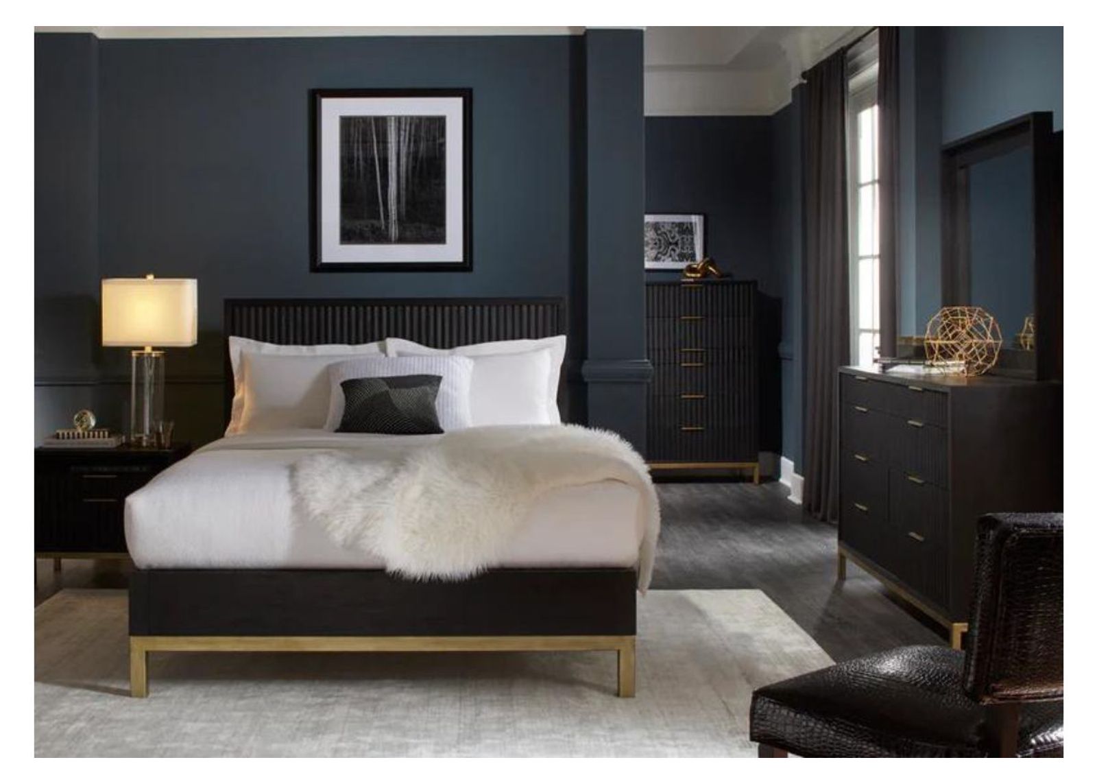 Kentfield Platform Bed, Dresser, Mirror & Nightstand in Black Drifted Oak, Eastern King