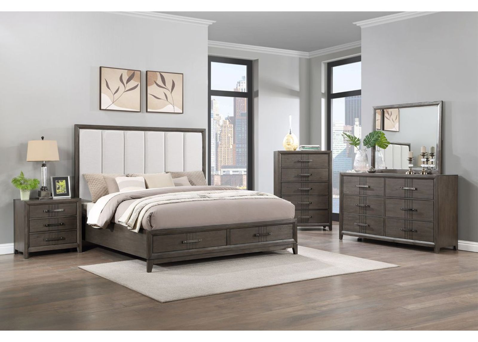 Landon Upholstered Panel Bed w/ Storage, Dresser, Mirror & Nightstand in Walnut, Queen