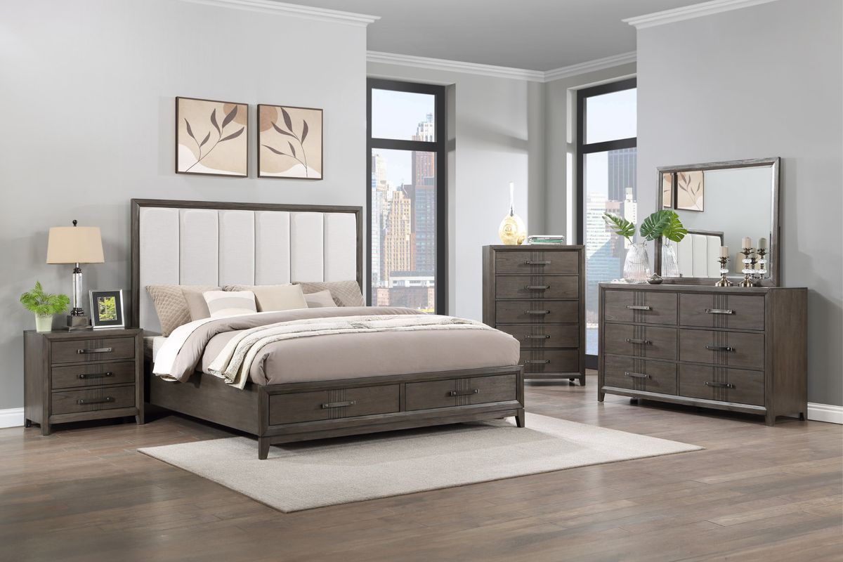 Landon Upholstered Panel Bed w/ Storage, Dresser, Mirror & Nightstand in Walnut, Queen