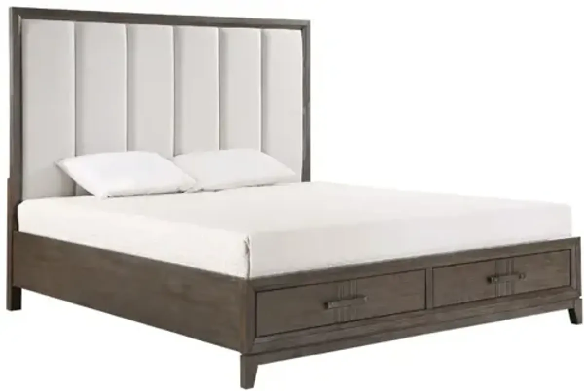 Landon Upholstered Panel Bed w/ Storage, Dresser, Mirror & Nightstand in Walnut, CA King