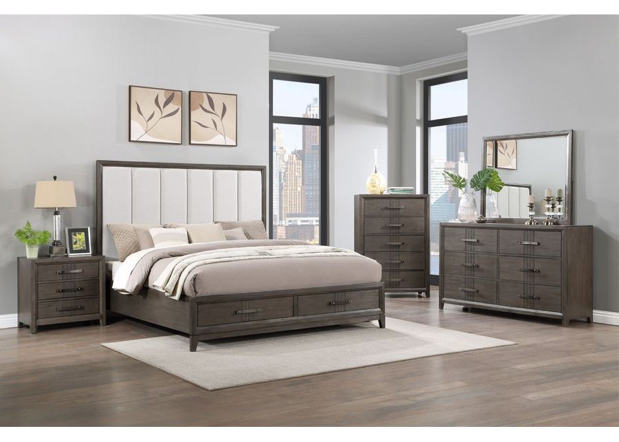 Landon Upholstered Panel Bed w/ Storage, Dresser, Mirror & Nightstand in Walnut, CA King