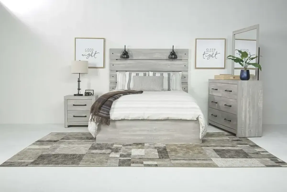 Dallas Panel Bed w/ Lights, Dresser, Mirror & Nightstand in White Wash, Queen