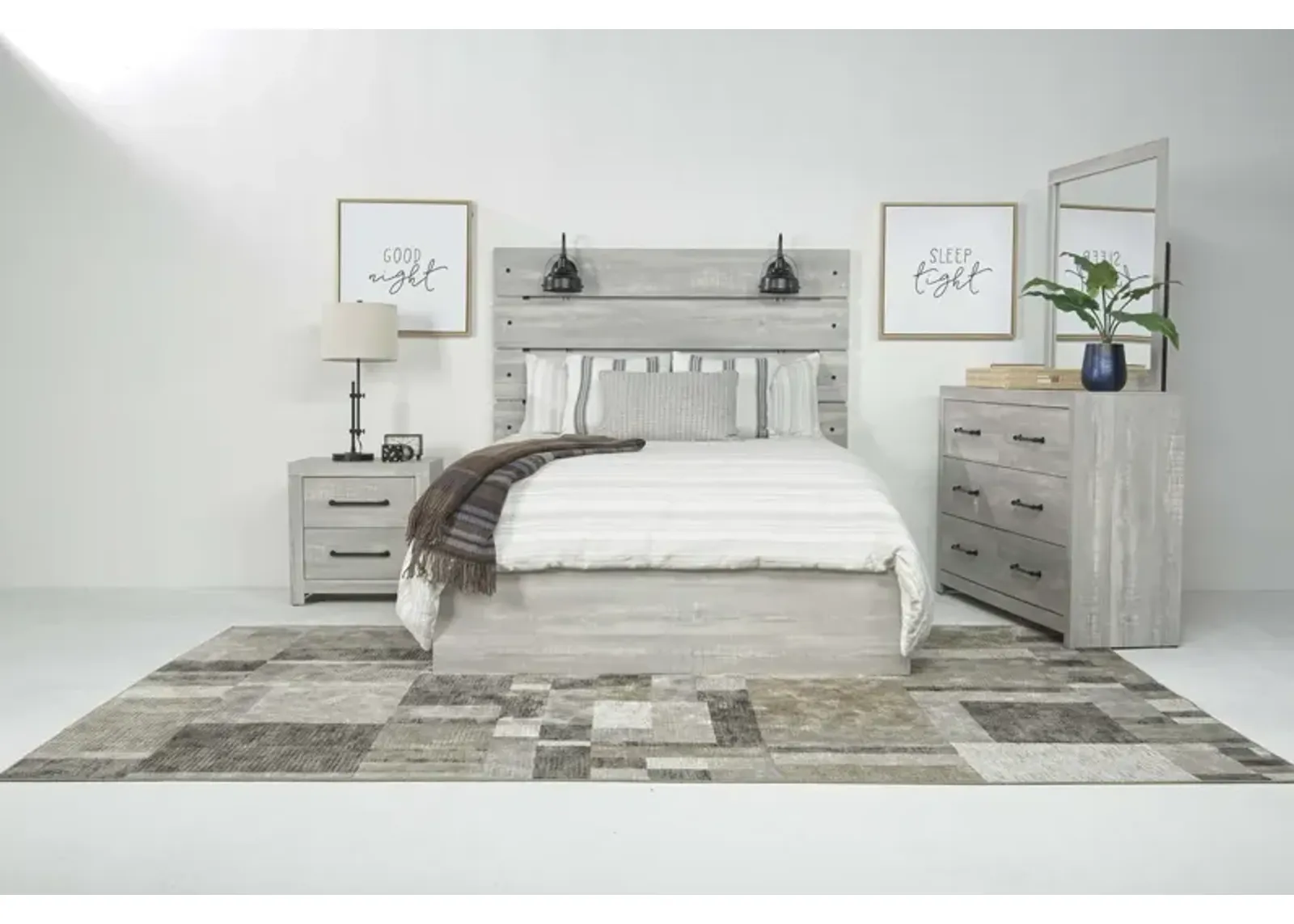 Dallas Panel Bed w/ Lights, Dresser, Mirror & Nightstand in White Wash, Full