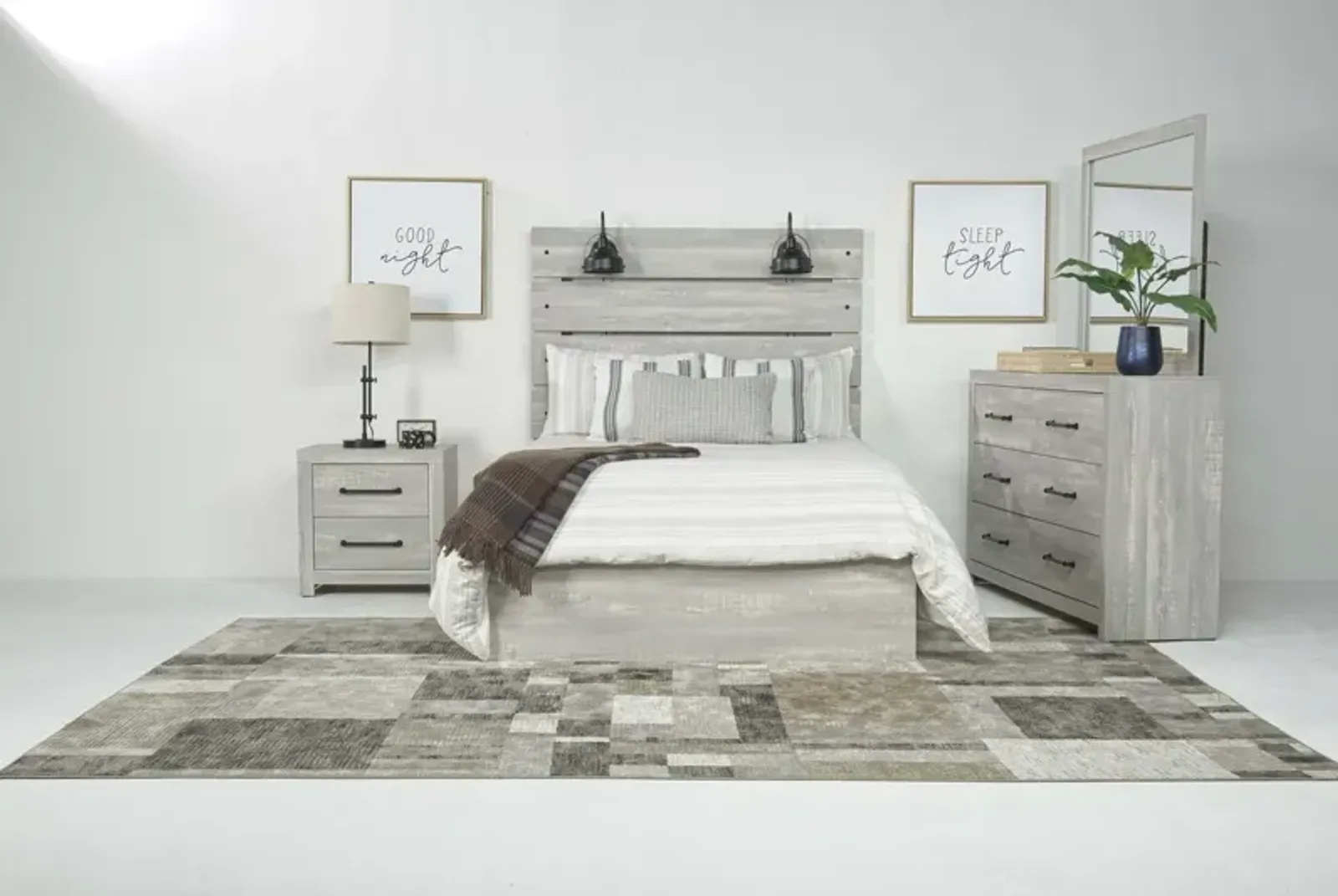 Dallas Panel Bed w/ Lights, Dresser, Mirror & Nightstand in White Wash, Twin