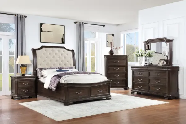 Lyndhurst Sleigh Bed w/ Storage, Dresser, Mirror & Nightstand in Walnut, Queen