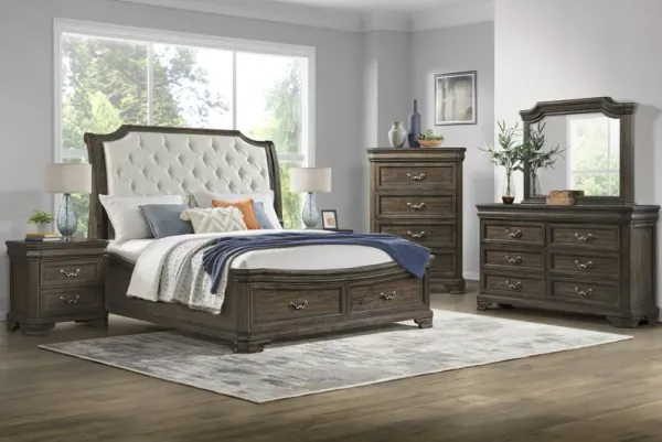 Lyndhurst Sleigh Bed w/ Storage, Dresser, Mirror & Nightstand in Walnut, CA King