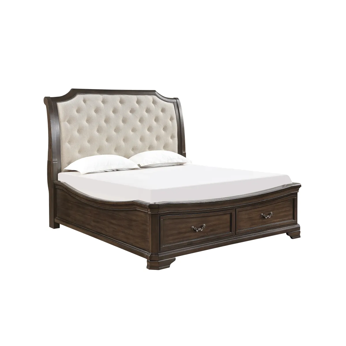 Lyndhurst Sleigh Bed w/ Storage, Dresser, Mirror & Nightstand in Walnut, Eastern King