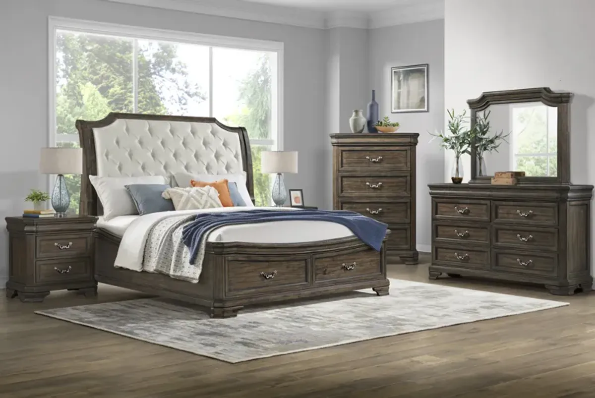 Lyndhurst Sleigh Bed w/ Storage, Dresser, Mirror & Nightstand in Walnut, Eastern King