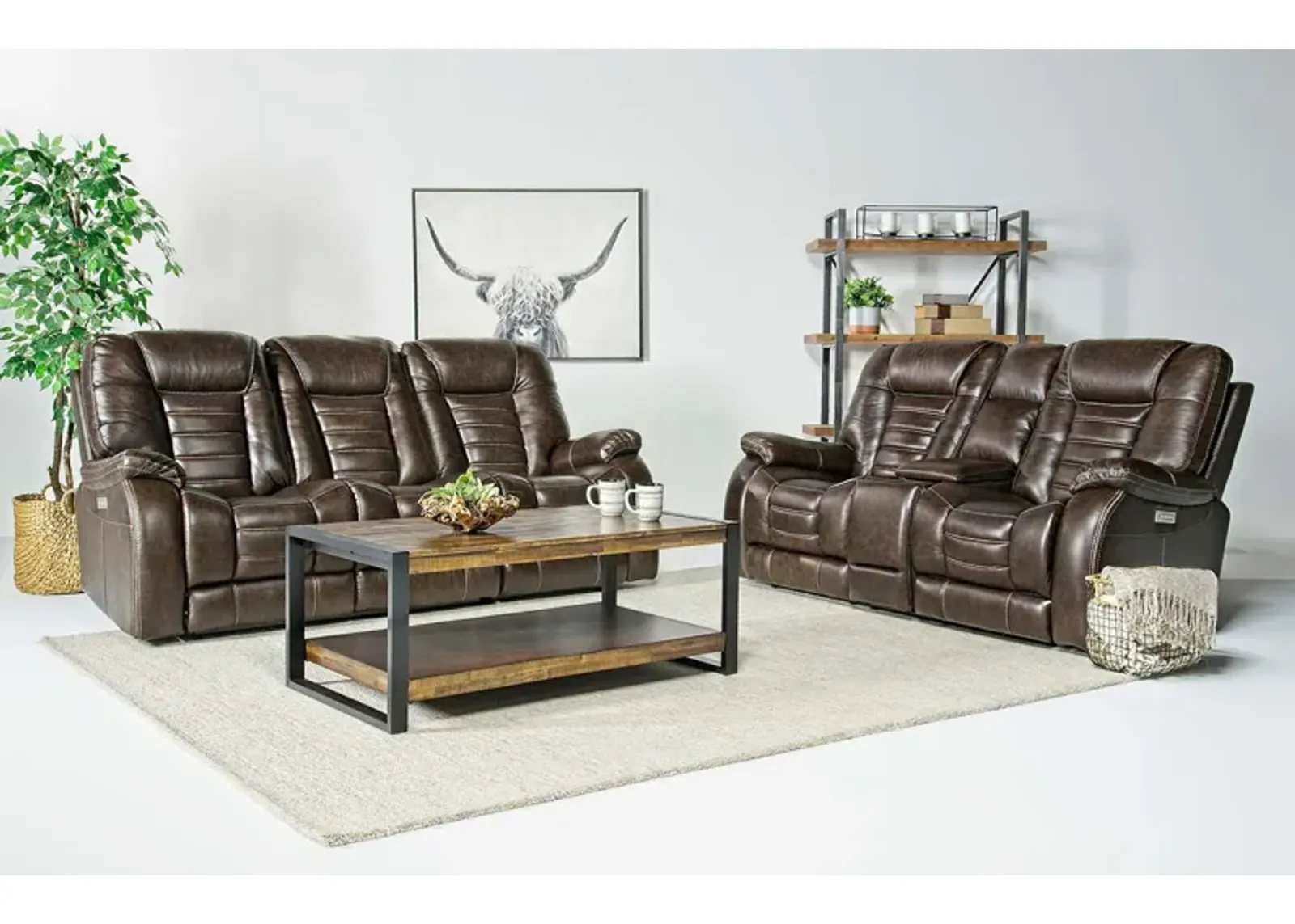 Malibu 3 Power Sofa & Console Loveseat w/ Wireless Charger in Chocolate Leather