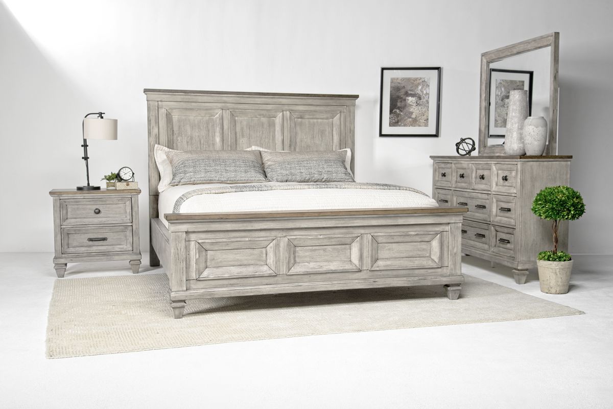 Mariana Panel Bed, Dresser & Mirror in Vintage Creme, Eastern King