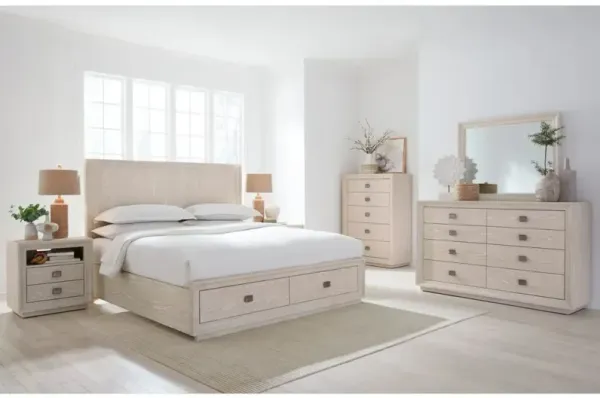 Maxime Storage Bed, Dresser, Mirror & Nightstand in Sugar, CA King
