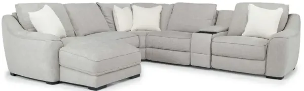 Mayflower 6 Piece 2 Power Chaise Sectional w/ 2 Power Armless Recliner & Audio Console in Ashland Sand, Left Facing