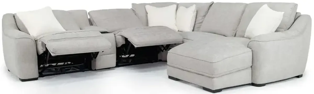 Mayflower 6 Piece 2 Power Chaise Sectional w/ 2 Power Armless Recliner & Audio Console in Ashland Sand, Right Facing