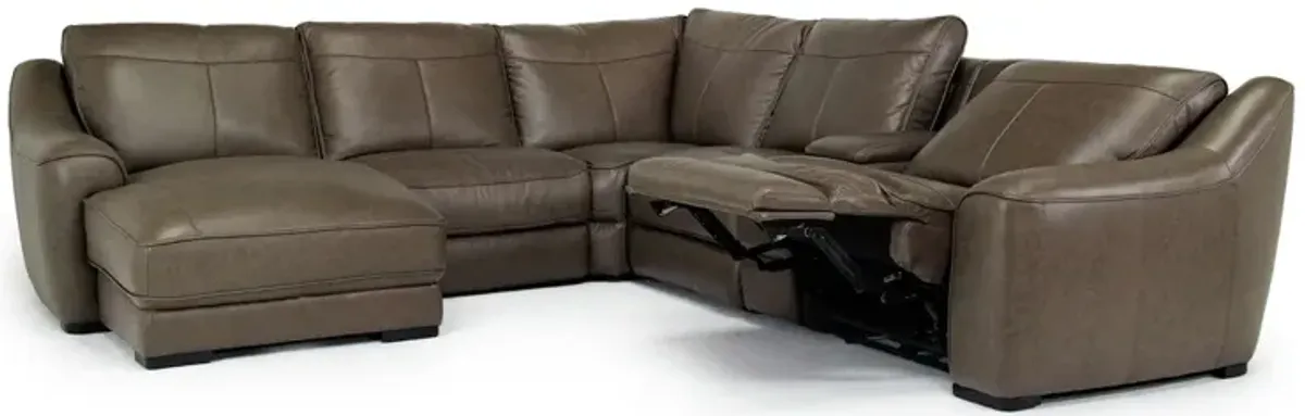 Mayflower 6 Piece 2 Power Chaise Sectional w/ Audio Console in Seville Umber Leather, Left Facing