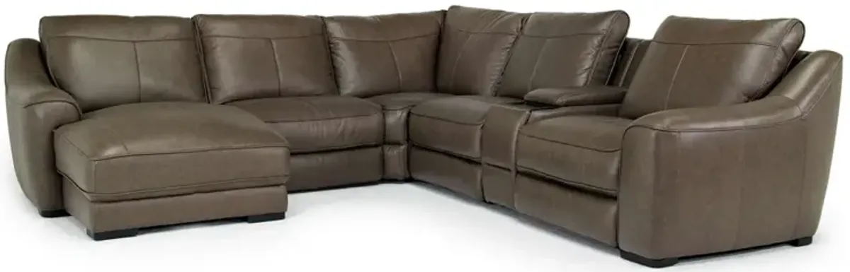 Mayflower 6 Piece 2 Power Chaise Sectional w/ Audio Console in Seville Umber Leather, Left Facing