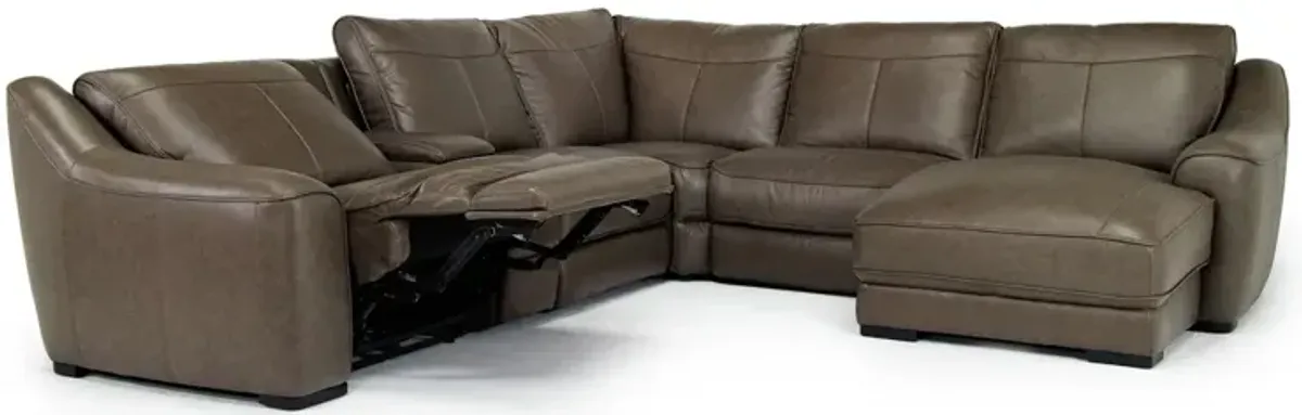 Mayflower 6 Piece 2 Power Chaise Sectional w/ Audio Console in Seville Umber Leather, Right Facing