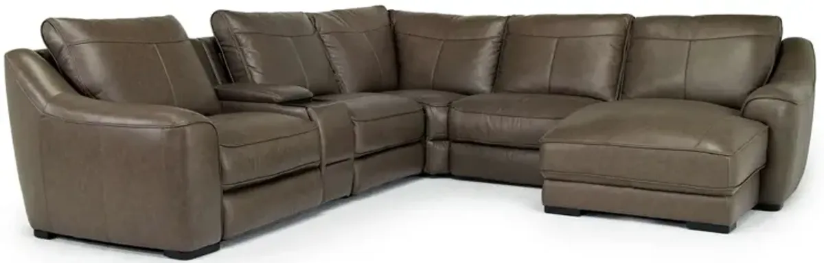 Mayflower 6 Piece 2 Power Chaise Sectional w/ Audio Console in Seville Umber Leather, Right Facing