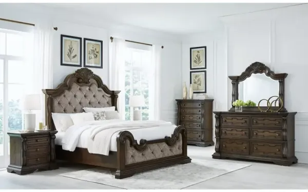Maylee Upholstered Panel Bed, Dresser, Mirror & Nightstand in Dark Brown, Queen