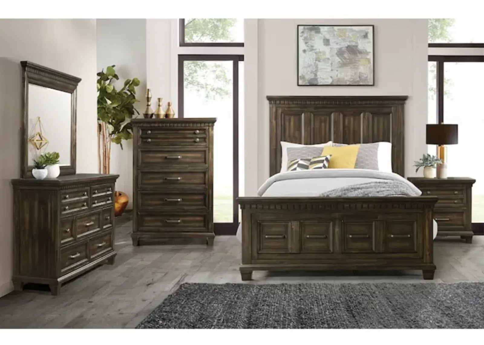 McCabe Storage Bed, Dresser, Mirror, Nightstand & Chest in Smokey Walnut, Queen