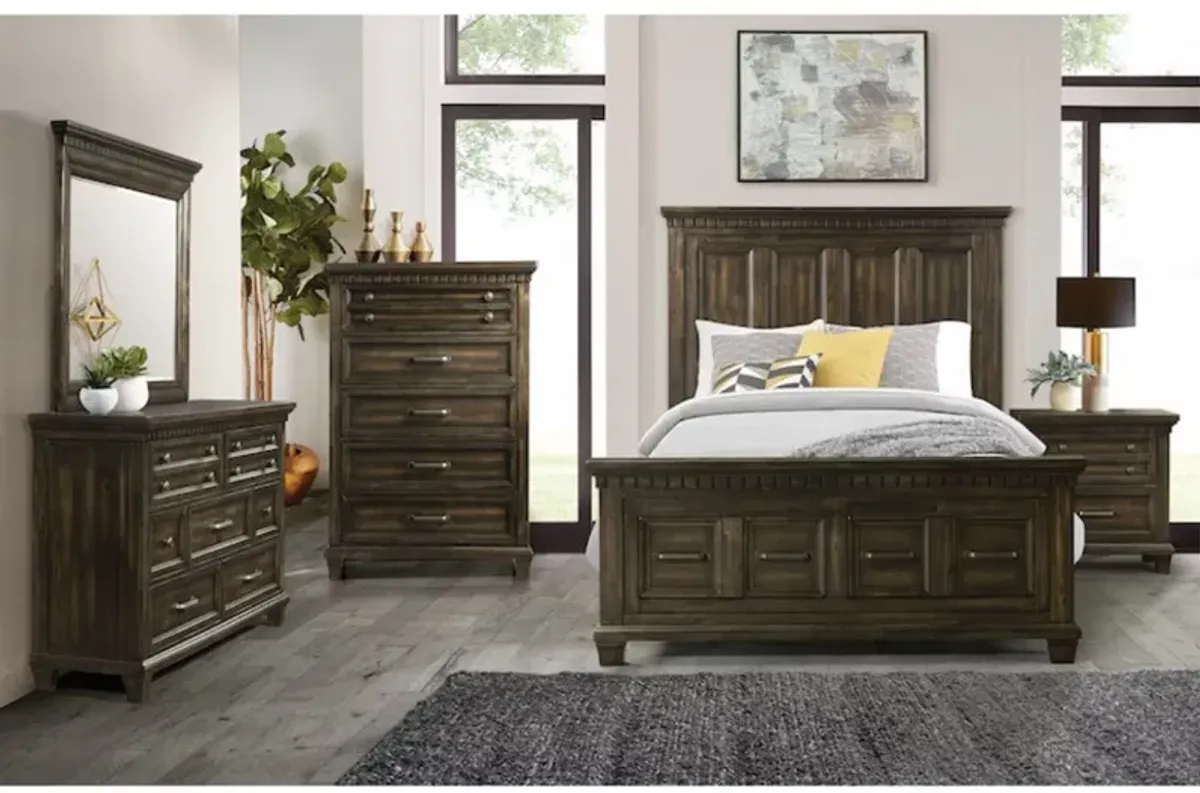 McCabe Storage Bed, Dresser, Mirror, Nightstand & Chest in Smokey Walnut, Queen