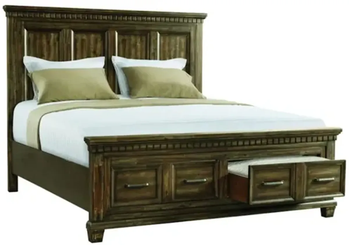 McCabe Storage Bed, Dresser, Mirror, Nightstand & Chest in Smokey Walnut, Eastern King