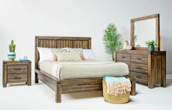 Meadow Panel Bed, Dresser, Mirror & Nightstand in Brown, CA King