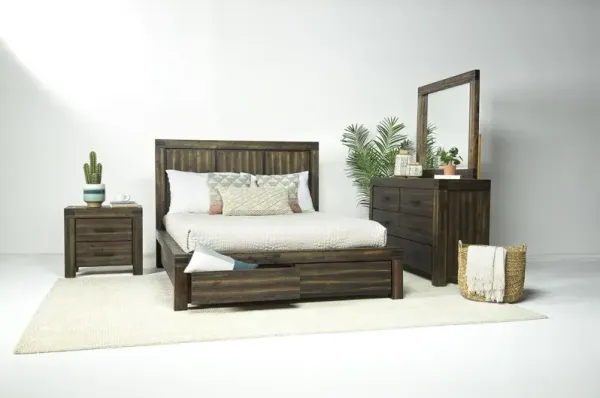 Meadow Panel Storage Bed, Dresser, Mirror & Nightstand in Brown, Eastern King