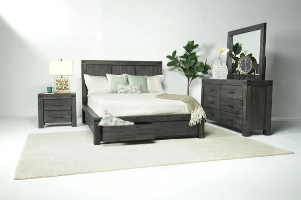 Meadow Panel Storage Bed, Dresser, Mirror & Nightstand in Gray, Queen