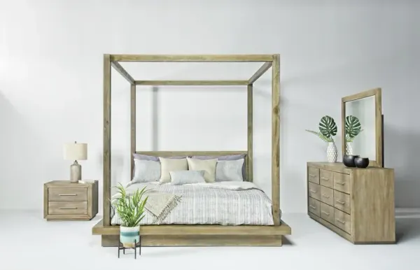 Melbourne Canopy Bed, Dresser, Mirror & Nightstand in Brown, EK