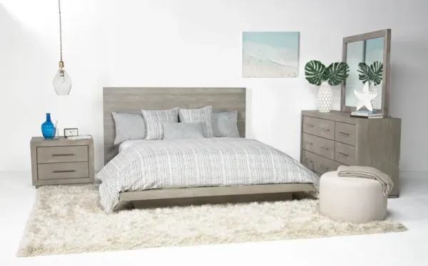 Melbourne Panel Bed, Dresser & Mirror in Mineral, Queen