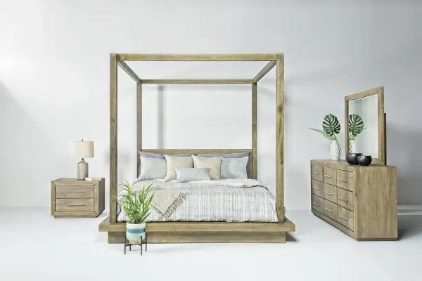 Melbourne Canopy Bed, Dresser, Mirror, Nightstand in Brown Mel, CA King