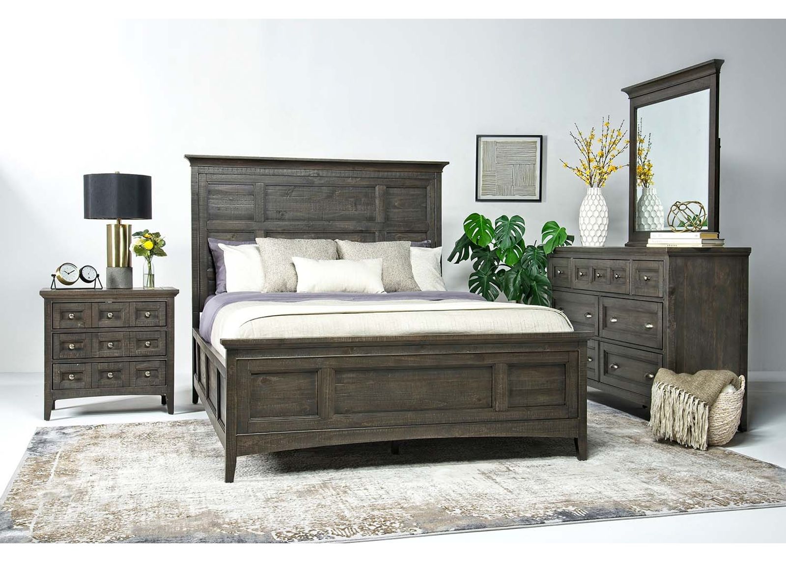 Bay Creek Panel Bed, Dresser, Mirror & Nightstand in Graphite, CA King