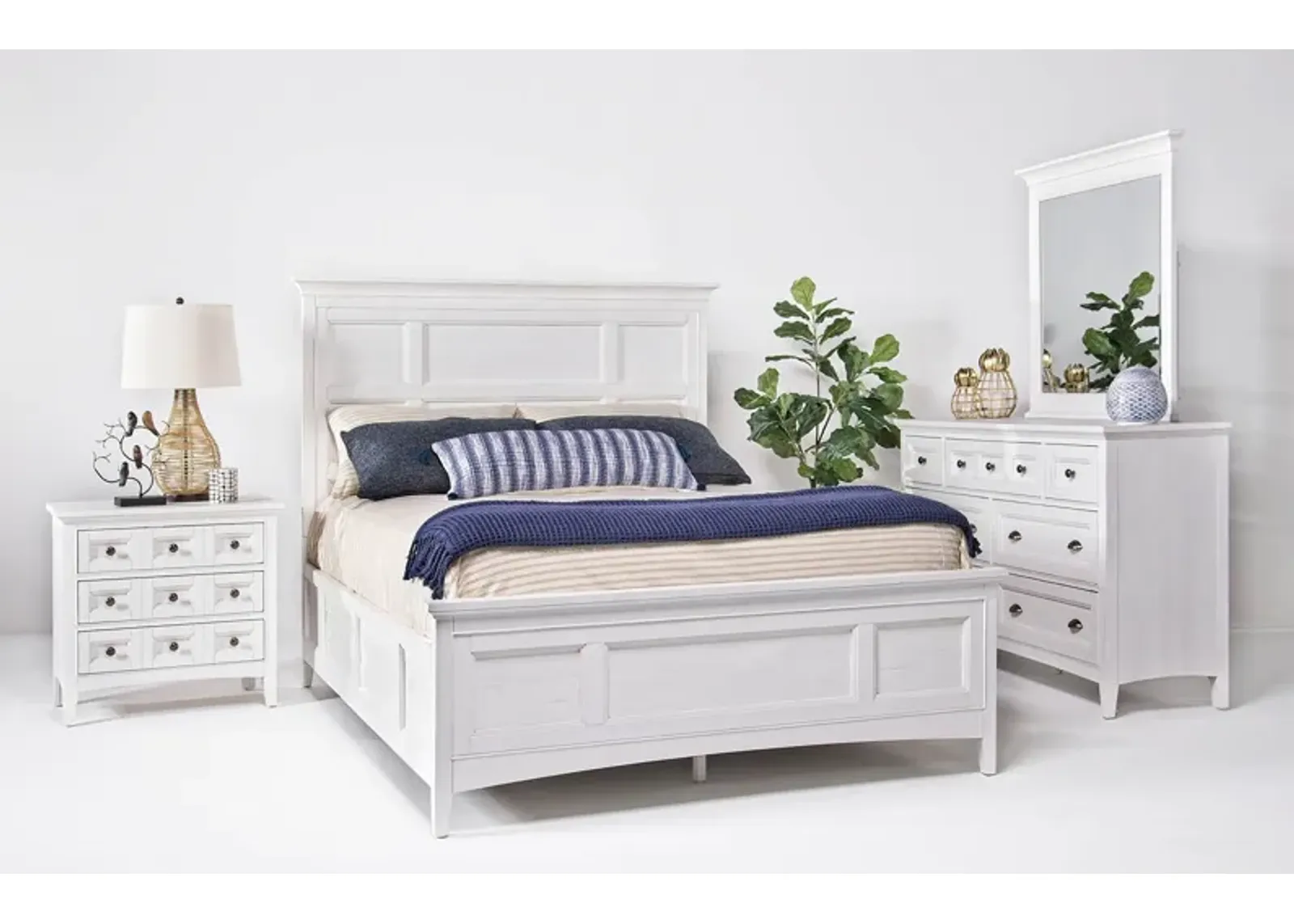 Bay Creek Panel Bed, Dresser, Mirror & Nightstand in White, CA King