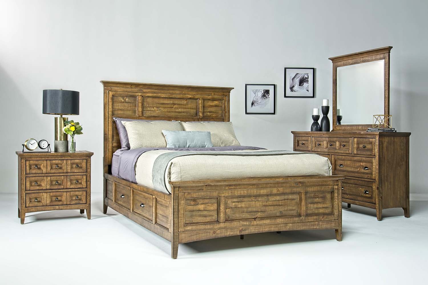 Bay Creek Panel Bed w/ Storage, Dresser, Mirror & Nightstand in Nutmeg, Queen