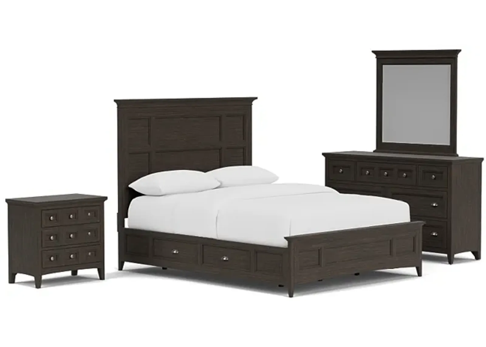 Bay Creek Panel Bed w/ Storage, Dresser, Mirror & Nightstand in Graphite, CA King