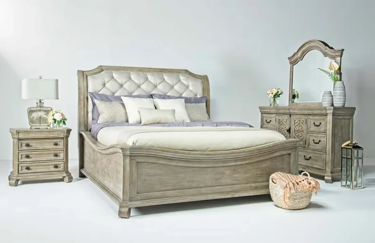 Bellamy Sleigh Bed, Dresser & Mirror in Light Gray, CA King