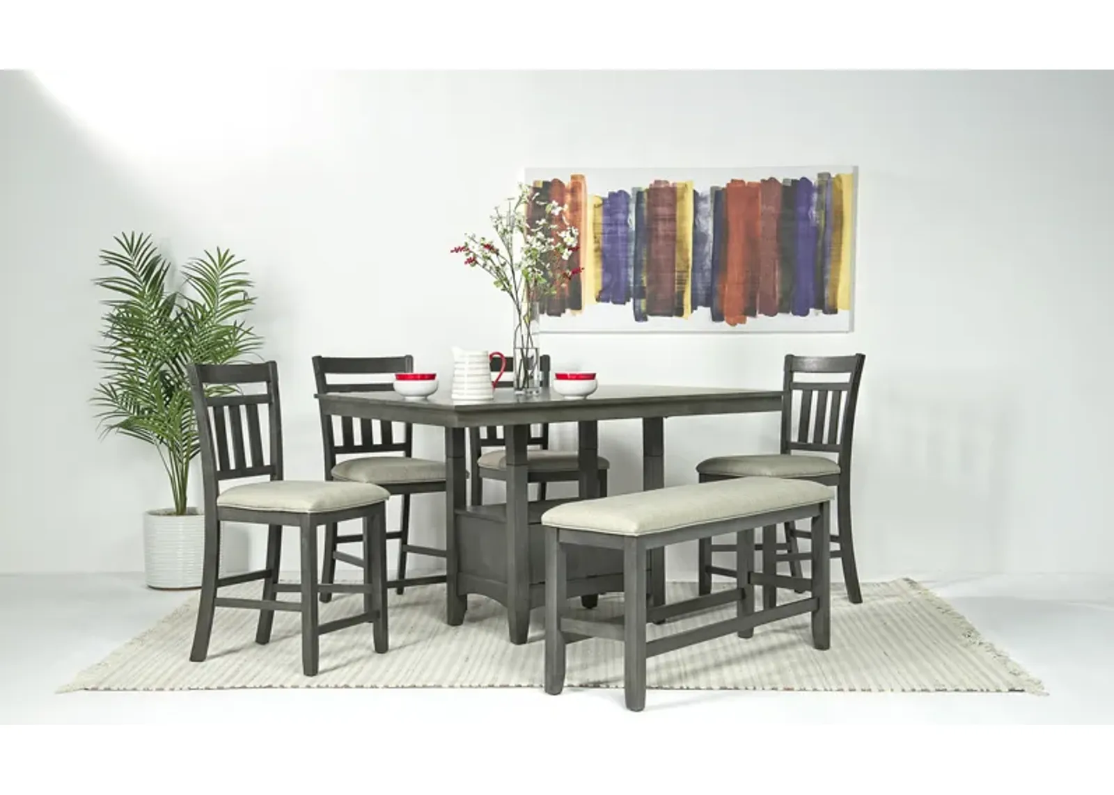 Miami Adjustable Dining Table, 4 Stools & Bench in Gray