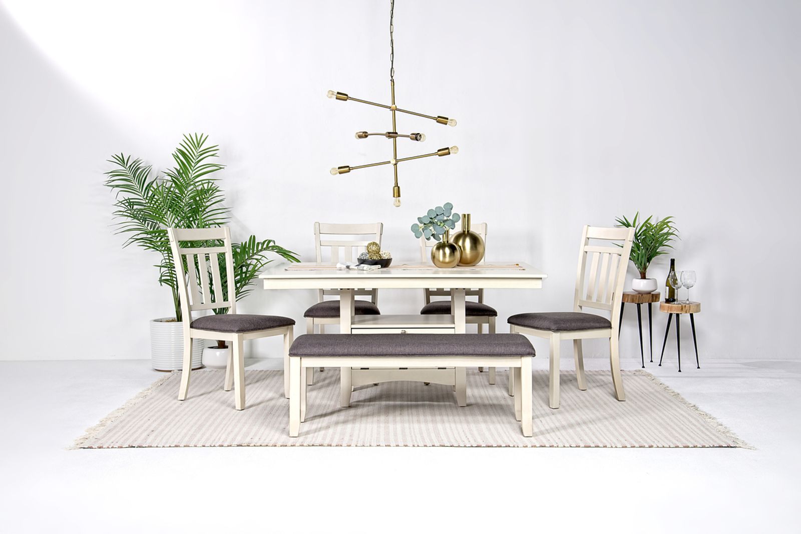 Miami Adjustable Dining Table, 4 Chairs & Bench in White